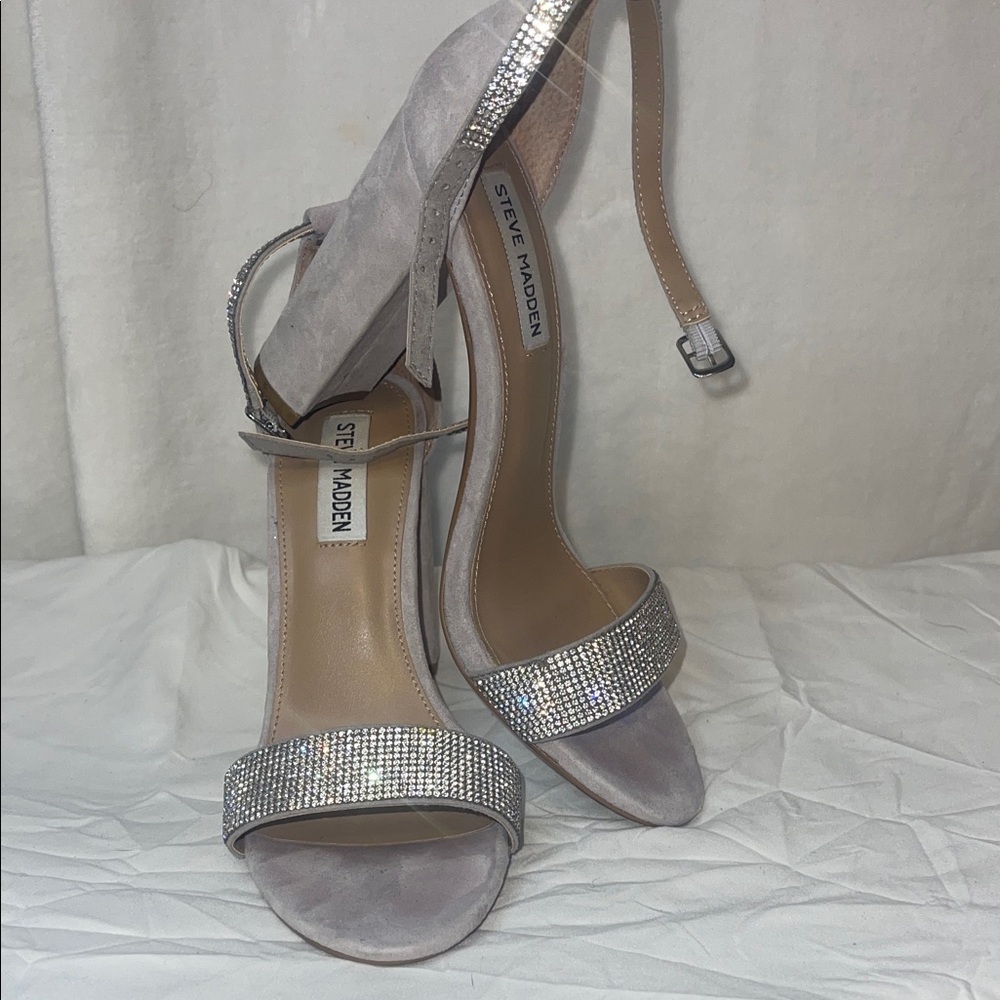 Steve Madden Silver Suede Rhinestone Block-Heel Sandals